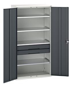Verso kitted cupboard with 4 shelves, 2 drawers. WxDxH: 1050x550x2000mm. RAL 7035/5010 or selected Bott Verso Basic Tool Cupboards Cupboard with shelves